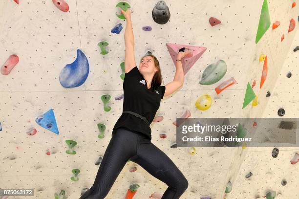 Sport climbing athlete Sarah Tetzlaff, who has been selected in the New Zealand Youth Olympic Games team, is seen at the Hangdog Climbing Centre on...