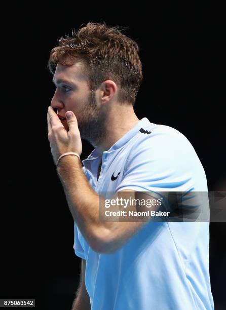 Jack Sock of the United States celebrates victory in his Singles match against Alexander Zverev of Germany during day five of the Nitto ATP World...