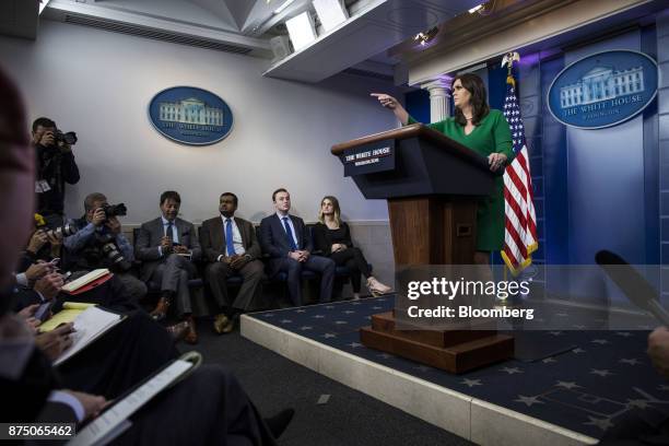 Sarah Huckabee Sanders, White House press secretary, takes a question during a White House press briefing in Washington, D.C., U.S., on Thursday,...