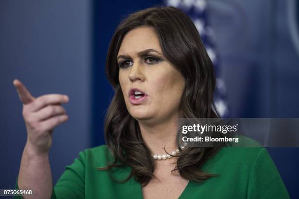 Sarah Huckabee Sanders, White House press secretary, takes a question during a White House press briefing in Washington, D.C., U.S., on Thursday,...