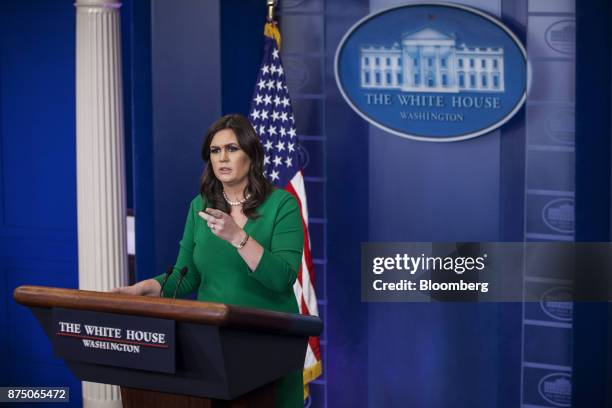 Sarah Huckabee Sanders, White House press secretary, speaks during a White House press briefing in Washington, D.C., U.S., on Thursday, Nov. 16,...