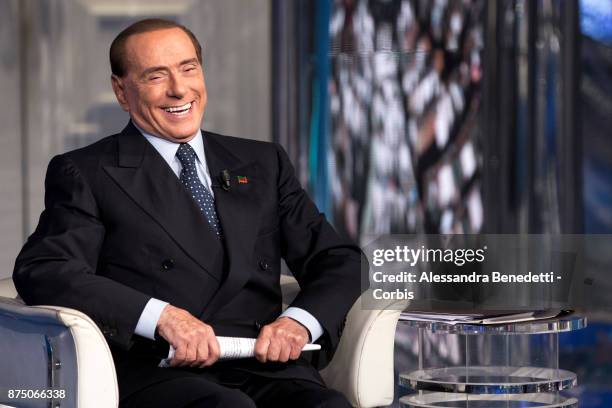 Former Italian Prime Minister Silvio Berlusconi attends the political show 'Porta a Porta' at RAIÕs broadcast studios, on November 16, 2017 in Rome,...