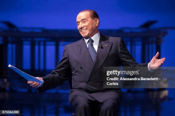 Former Italian Prime Minister Silvio Berlusconi attends the political show 'Porta a Porta' at RAIÕs broadcast studios, on November 16, 2017 in Rome,...