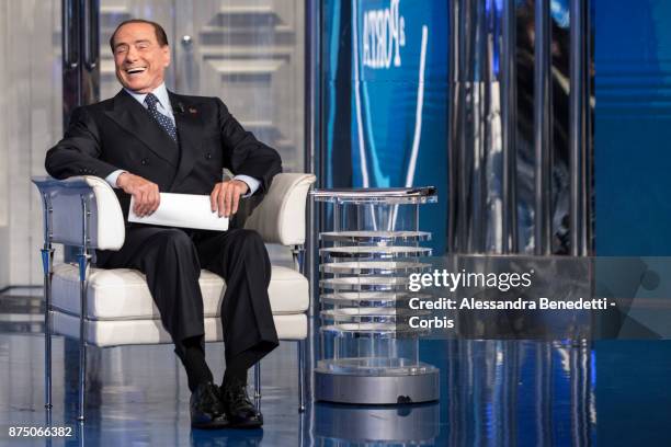 Former Italian Prime Minister Silvio Berlusconi attends the political show 'Porta a Porta' at RAIÕs broadcast studios, on November 16, 2017 in Rome,...