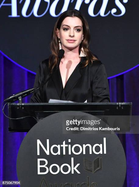 Anne Hathaway speaks onstage during the 68th National Book Awards at Cipriani Wall Street on November 15, 2017 in New York City.