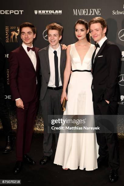 Ivo Kortlang, Nick Julius Schuck, Luise Befort and Timur Bartels arrive at the Bambi Awards 2017 at Stage Theater on November 16, 2017 in Berlin,...