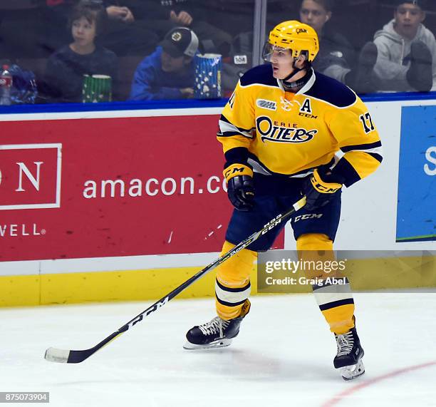 Taylor Raddysh of the Erie Otters watches the play develop against the Mississauga Steelheads during OHL game action on November 15, 2017 at Hershey...