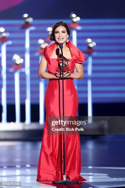 Aline Barros accepts Best Christian Album in the Portuguese Language for 'Acenda A Sua Luz' onstage at the Premiere Ceremony during the 18th Annual...