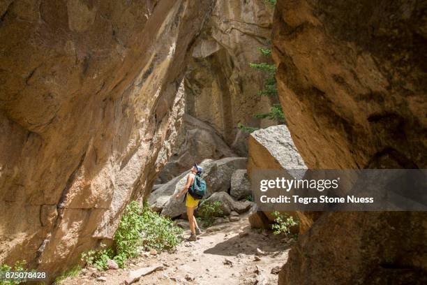 woman hiking in rocky canyon in colorado - boulder co stockfoto's en -beelden
