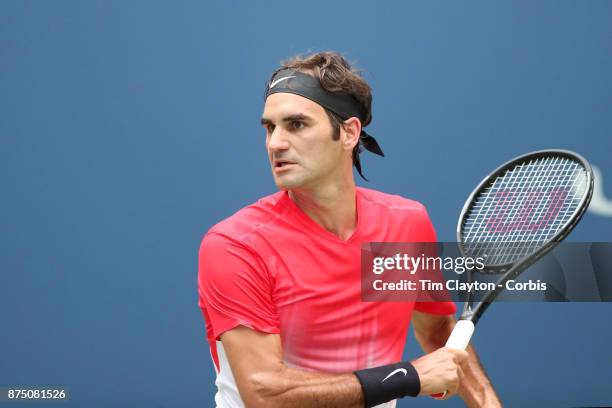 Open Tennis Tournament - DAY FOUR. Roger Federer of Switzerland in action against Mikhail Youzhny of Russia during the Men's Singles round two match...