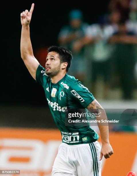 Luan Garcia of Palmeiras celebrates their second goal during the match between Palmeiras and Sport Recife for the Brasileirao Series A 2017 at...