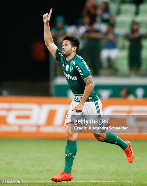 Luan Garcia of Palmeiras celebrates their second goal during the match between Palmeiras and Sport Recife for the Brasileirao Series A 2017 at...