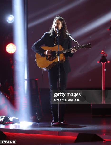 Tiago Iorc performs onstage at the Premiere Ceremony during the 18th Annual Latin Grammy Awards at the Mandalay Bay Convention Center on November 16,...