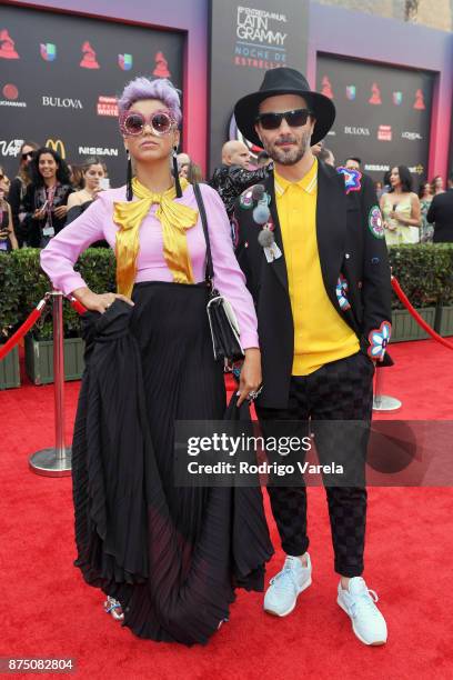 Liliana Saumet and Simon Mejia of Bomba Estereo attend The 18th Annual Latin Grammy Awards at MGM Grand Garden Arena on November 16, 2017 in Las...