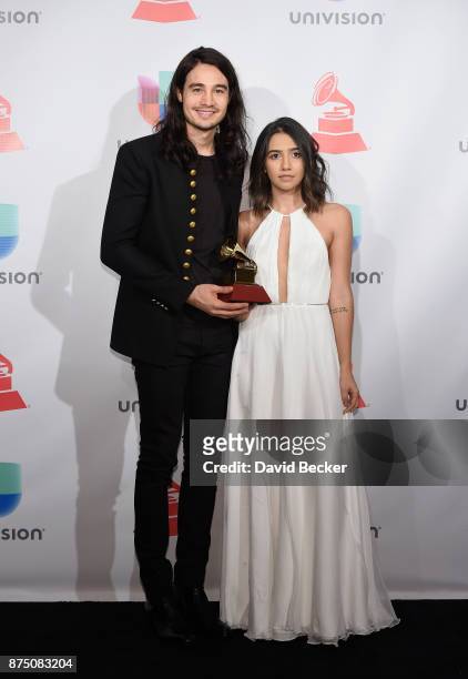 Tiago Iorc and Ana Clara Caetano pose in the press room during The 18th Annual Latin Grammy Awards at MGM Grand Garden Arena on November 16, 2017 in...