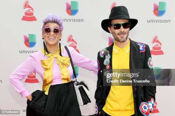 Liliana Saumet and Simon Mejia of Bomba Estereo attend the 18th Annual Latin Grammy Awards at MGM Grand Garden Arena on November 16, 2017 in Las...