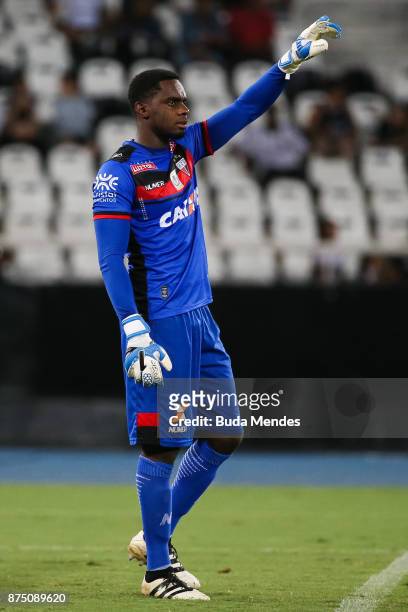 Goalkeeper Klever of Atletico GO gestures during a match between Botafogo and Atletico GO as part of Brasileirao Series A 2017 at Ilha do Urubu...