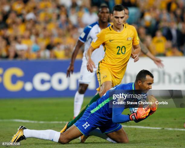 Donis Escober of the Honduras makes a save during the 2nd leg of the 2018 FIFA World Cup Qualifier between the Australia and Honduras at Stadium...