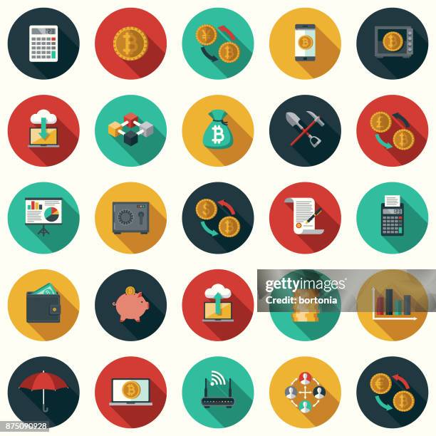 illustrations, cliparts, dessins animés et icônes de bitcoin cryptocurrency design plat icon set avec côté ombre - longue ombre ombre
