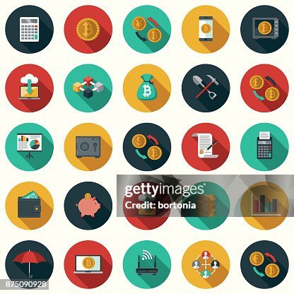 比特 Cryptocurrency 平面設計圖示設置帶有側陰影 比特 Cryptocurrency 平面設計圖示設置帶有側陰影