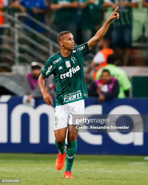 Deyverson of Palmeiras celebrates their fourth goal during the match against Sport Recife for the Brasileirao Series A 2017 at Allianz Parque Stadium...