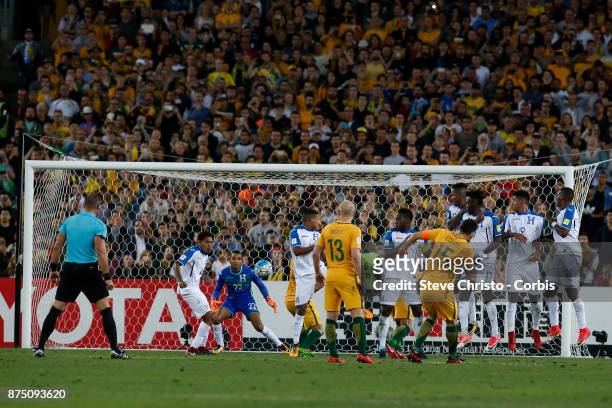 Mile Jedinak of the Australia scores with the first goal with this free kick during the 2nd leg of the 2018 FIFA World Cup Qualifier between the...