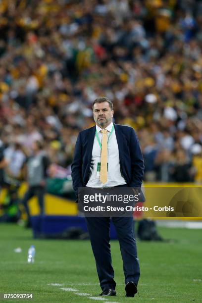 Ange Postecoglou of the Australia looks relieved after the first goal during the 2nd leg of the 2018 FIFA World Cup Qualifier between the Australia...