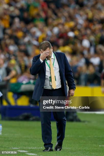 Ange Postecoglou of the Australia looks relieved after the first goal during the 2nd leg of the 2018 FIFA World Cup Qualifier between the Australia...