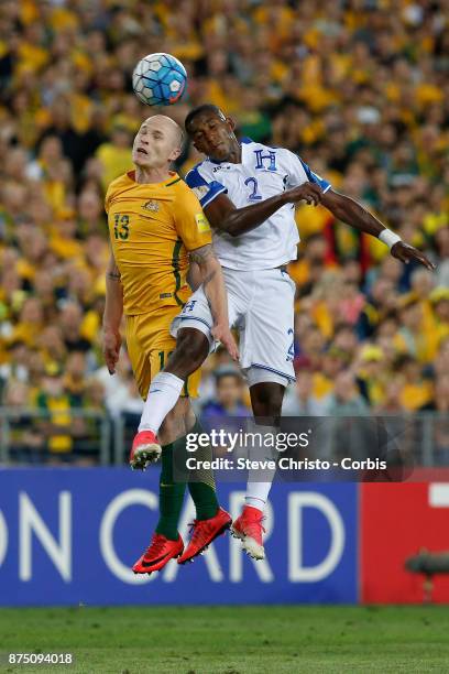 Aaron Mooy of the Australia and Felix Crisanto of Honduras challenge for the ball with this header during the 2nd leg of the 2018 FIFA World Cup...