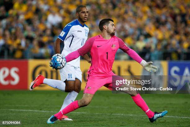 Mathew Ryan of the Australia clears the ball during the 2nd leg of the 2018 FIFA World Cup Qualifier between the Australia and Honduras at Stadium...