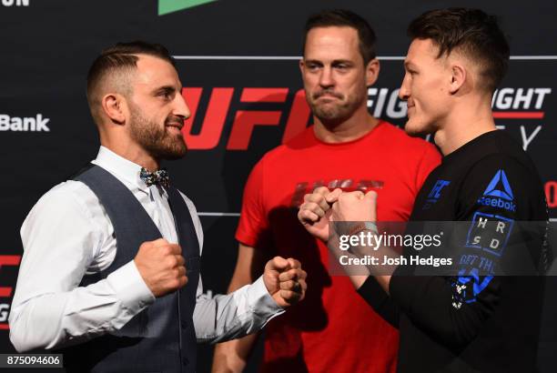 Opponents Alexander Volkanovski of Australia and Shane Young of New Zealand face off during the UFC Ultimate Media Day at the Hilton Sydney Hotel on...