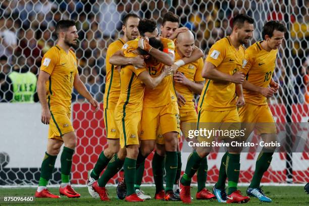 Mile Jedinak of the Australia celebrates his third goal during the 2nd leg of the 2018 FIFA World Cup Qualifier between the Australia and Honduras at...