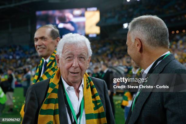 Sir Frank Lowy on the field of play after Australia qualified for the 2018 FIFA World Cup during the 2nd leg of the 2018 FIFA World Cup Qualifier...