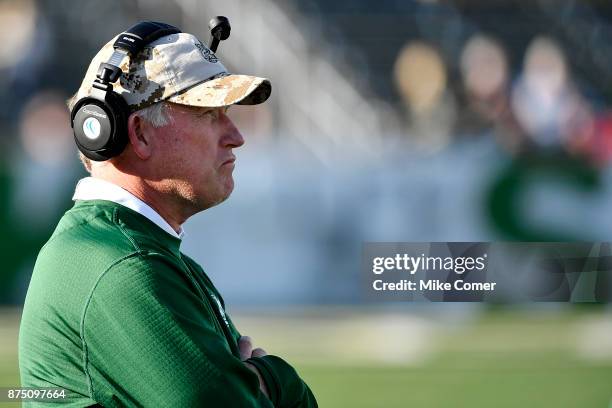 Head coach Brad Lambert of the Charlotte 49ers looks on during the 49ers' football game against the Middle Tennessee Blue Raiders at Jerry Richardson...