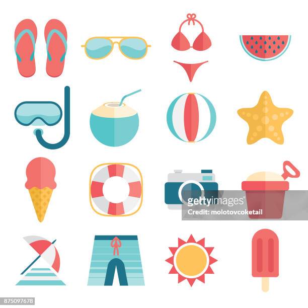 ilustraciones, imágenes clip art, dibujos animados e iconos de stock de conjunto de icono de vacaciones de verano simple y plana - parasol