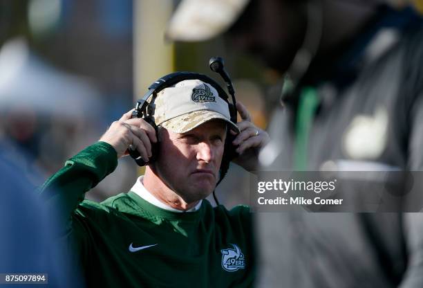 Head coach Brad Lambert of the Charlotte 49ers looks on during the 49ers' football game against the Middle Tennessee Blue Raiders at Jerry Richardson...