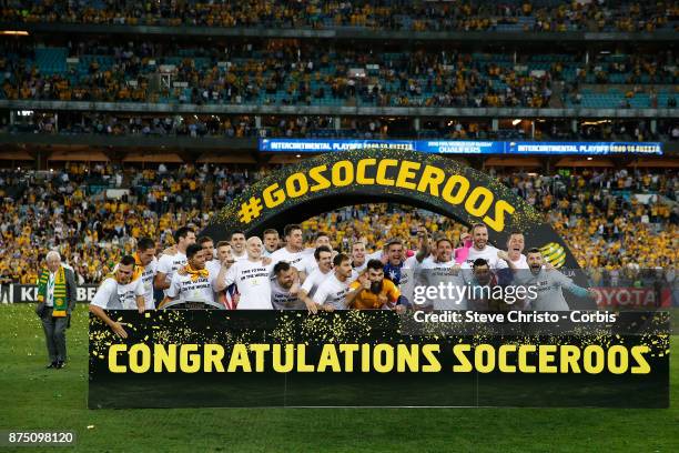 The Australian team celebrate after making the 2018 World Cup during the 2nd leg of the 2018 FIFA World Cup Qualifier between the Australia and...