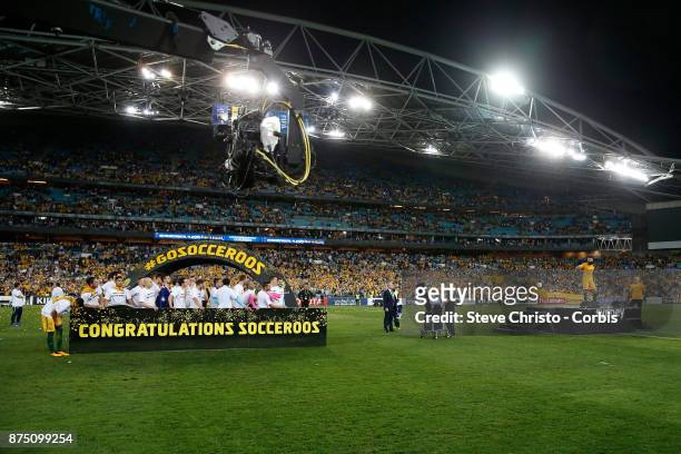 The Australian team celebrate after making the 2018 World Cup during the 2nd leg of the 2018 FIFA World Cup Qualifier between the Australia and...