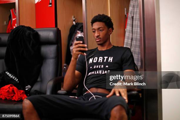 Malcolm Miller of the Toronto Raptors is seen in the locker room before the game against the Chicago Bulls on October 19, 2017 at the Air Canada...