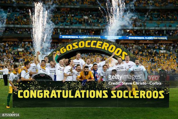 The Australian team celebrate after making the 2018 World Cup during the 2nd leg of the 2018 FIFA World Cup Qualifier between the Australia and...