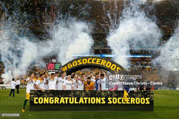 The Australian team celebrate after making the 2018 World Cup during the 2nd leg of the 2018 FIFA World Cup Qualifier between the Australia and...