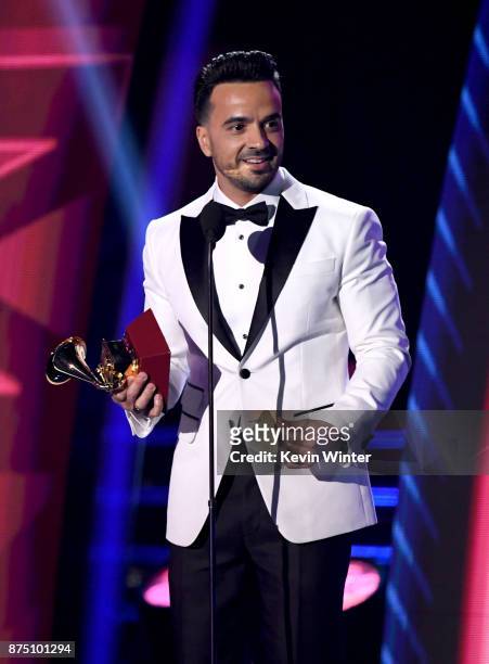 Luis Fonsi accepts Record of the Year for 'Despacito' onstage at the 18th Annual Latin Grammy Awards at MGM Grand Garden Arena on November 16, 2017...