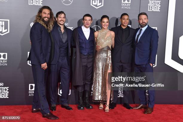 Actors Jason Momoa, Henry Cavill, Ezra Miller, Gal Gadot, Ray Fisher and Ben Affleck arrive at the premiere of Warner Bros. Pictures' 'Justice...