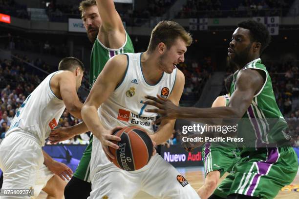 Luca Doncic, #4 of Real Madrid in action during the Euroleague basketball match between Real Madrid and Unicaja Malaga played at WiZink center in...