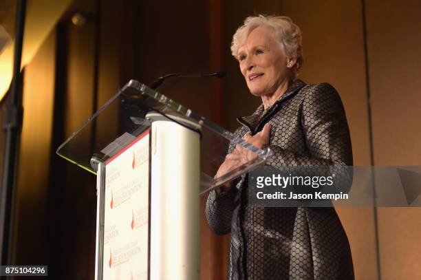 Glenn Close speaks onstage during "A Magical Evening" Gala hosted by The Christopher & Dana Reeve Foundation a at Conrad Hotel on November 16, 2017...