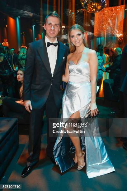 Kryolan managing director Dominik Langer and Viviane Geppert pose at the Bambi Awards 2017 party at Atrium Tower on November 16, 2017 in Berlin,...