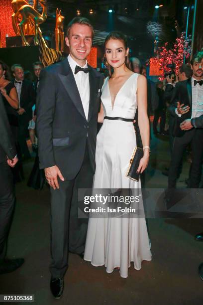 Kryolan managing director Dominik Langer and Viviane Geppert pose at the Bambi Awards 2017 party at Atrium Tower on November 16, 2017 in Berlin,...