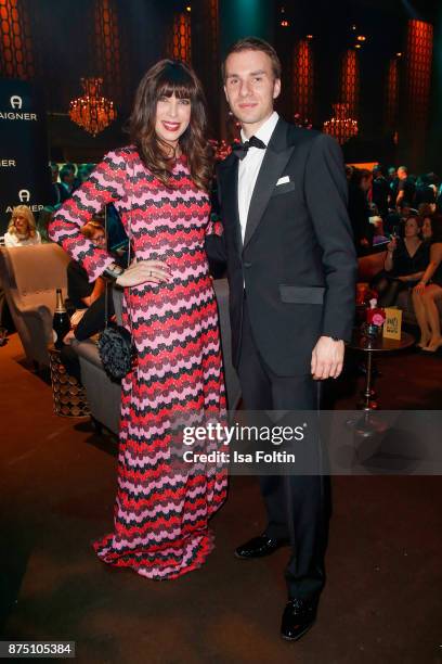 Kryolan managing director Dominik Langer and Viviane Geppert pose at the Bambi Awards 2017 party at Atrium Tower on November 16, 2017 in Berlin,...