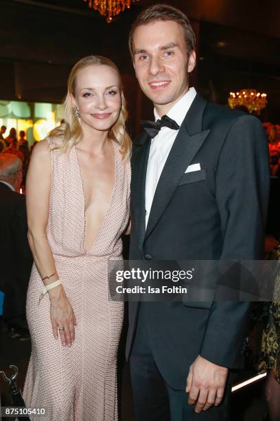 Kryolan managing director Dominik Langer and Viviane Geppert pose at the Bambi Awards 2017 party at Atrium Tower on November 16, 2017 in Berlin,...