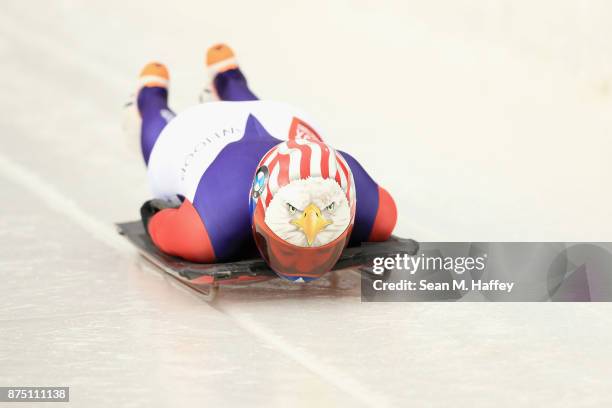 Katie Uhlaender of USA takes a training run in the Women's Skeleton during the BMW IBSF Bobsleigh + Skeleton World Cup at Utah Olympic Park November...